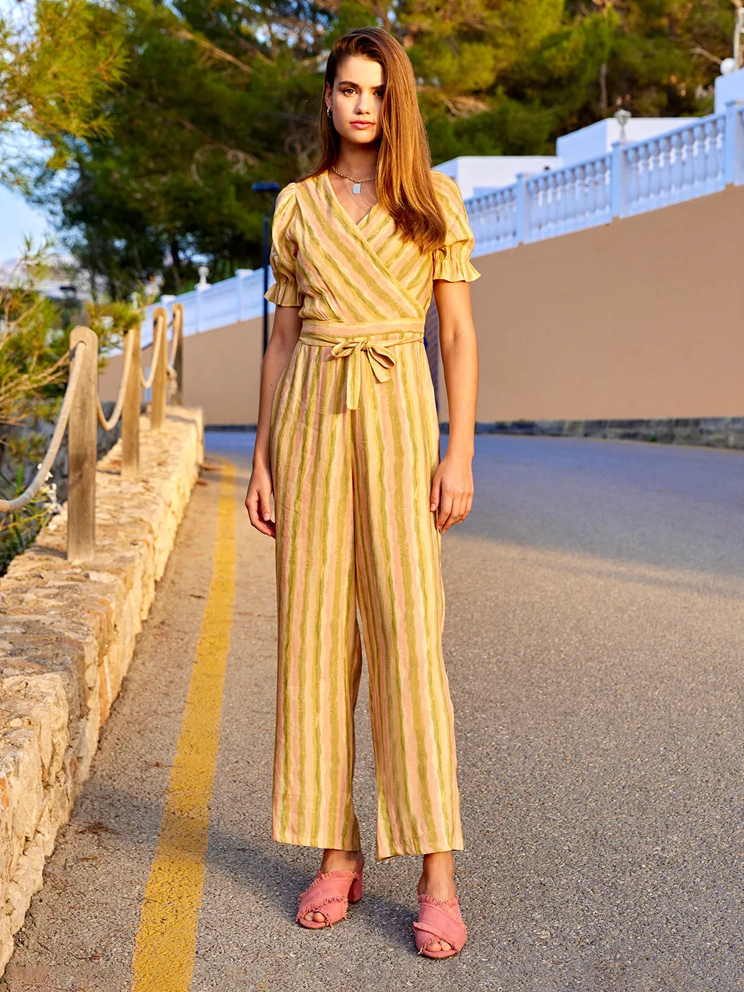 Madame Yellow Knot Belted Cotton  Jumpsuit