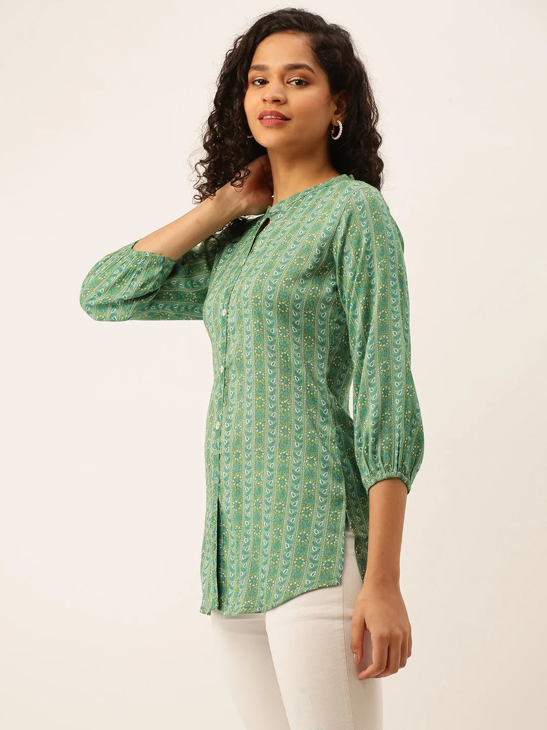 Mandarin Collar Rayon All over traditional ethnic Print Green Tunic For Women - ZOLA