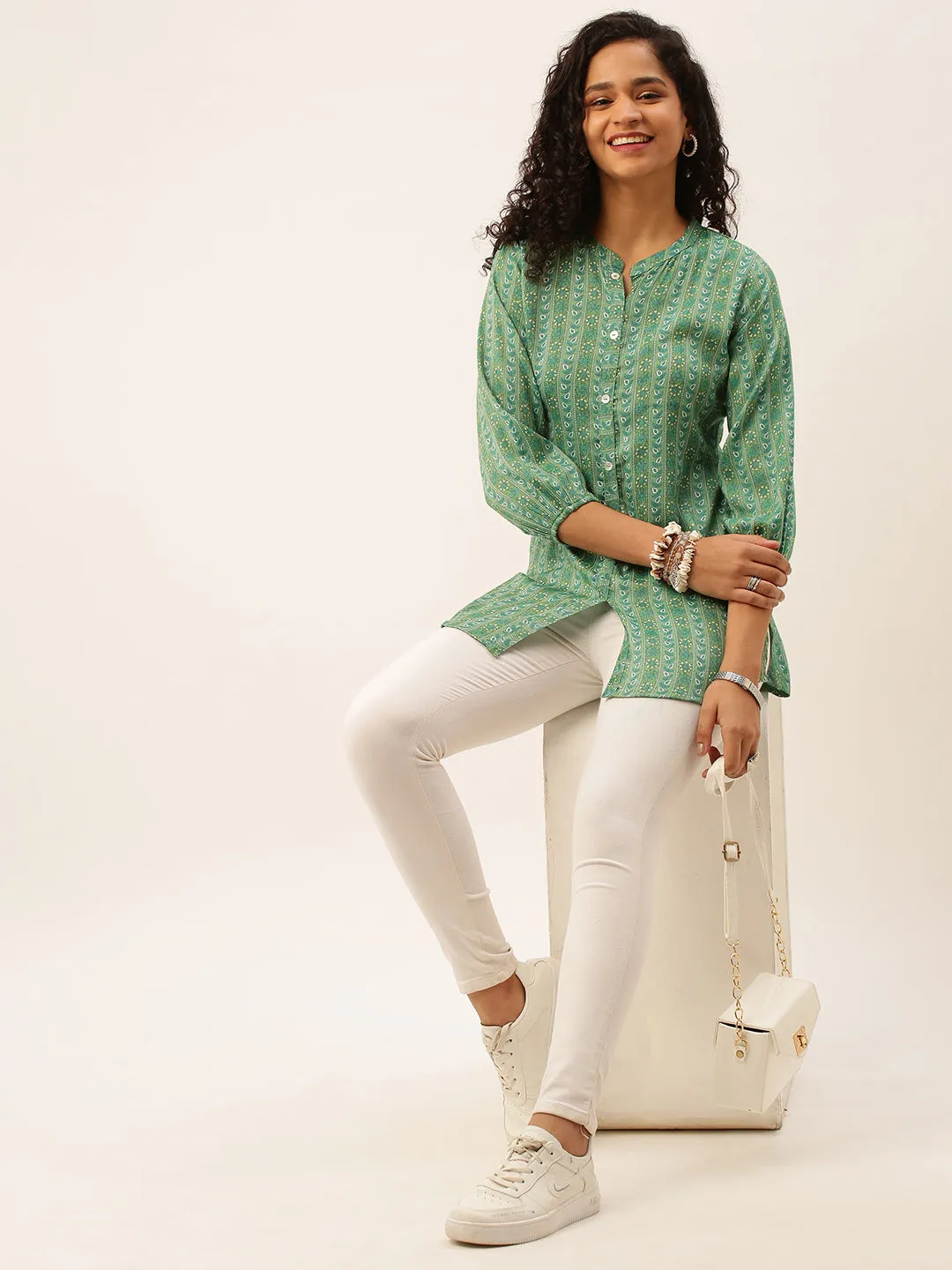 Mandarin Collar Rayon All over traditional ethnic Print Green Tunic For Women - ZOLA