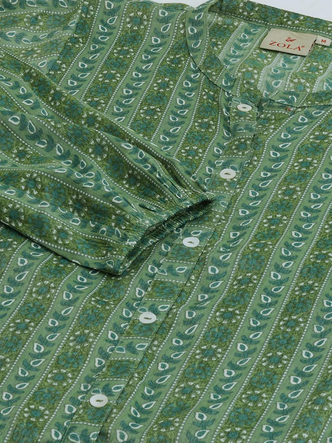 Mandarin Collar Rayon All over traditional ethnic Print Green Tunic For Women - ZOLA
