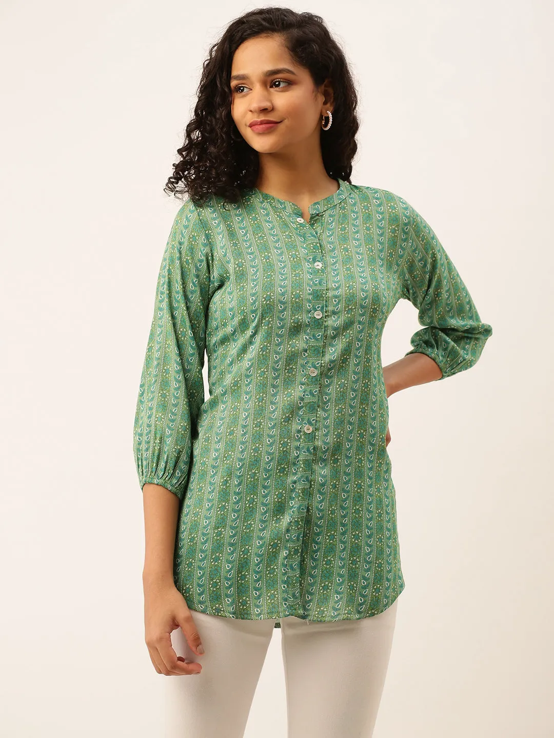 Mandarin Collar Rayon All over traditional ethnic Print Green Tunic For Women - ZOLA