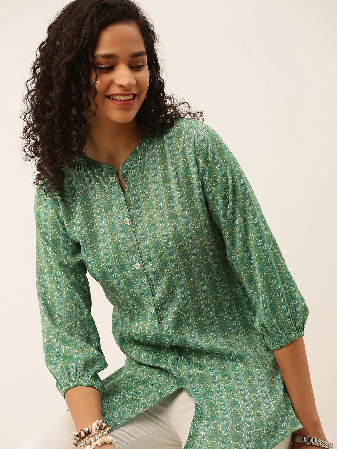 Mandarin Collar Rayon All over traditional ethnic Print Green Tunic For Women - ZOLA