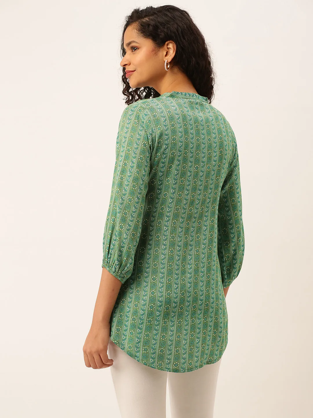 Mandarin Collar Rayon All over traditional ethnic Print Green Tunic For Women - ZOLA