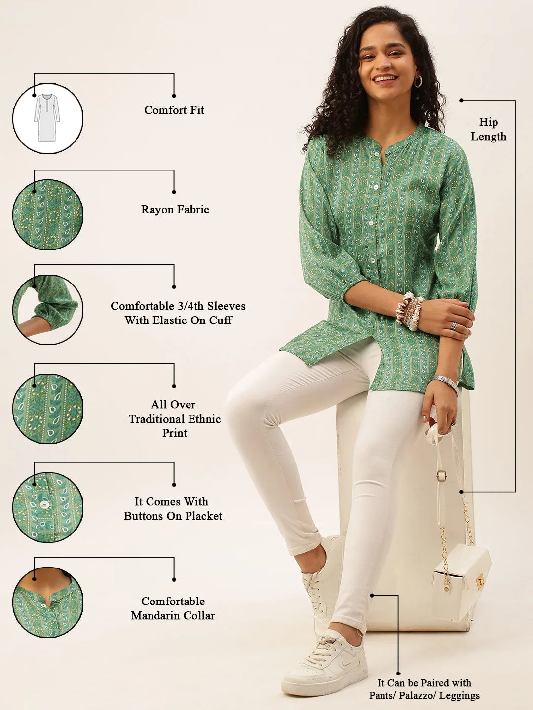 Mandarin Collar Rayon All over traditional ethnic Print Green Tunic For Women - ZOLA