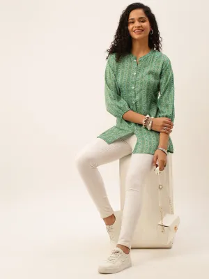 Mandarin Collar Rayon All over traditional ethnic Print Green Tunic For Women - ZOLA