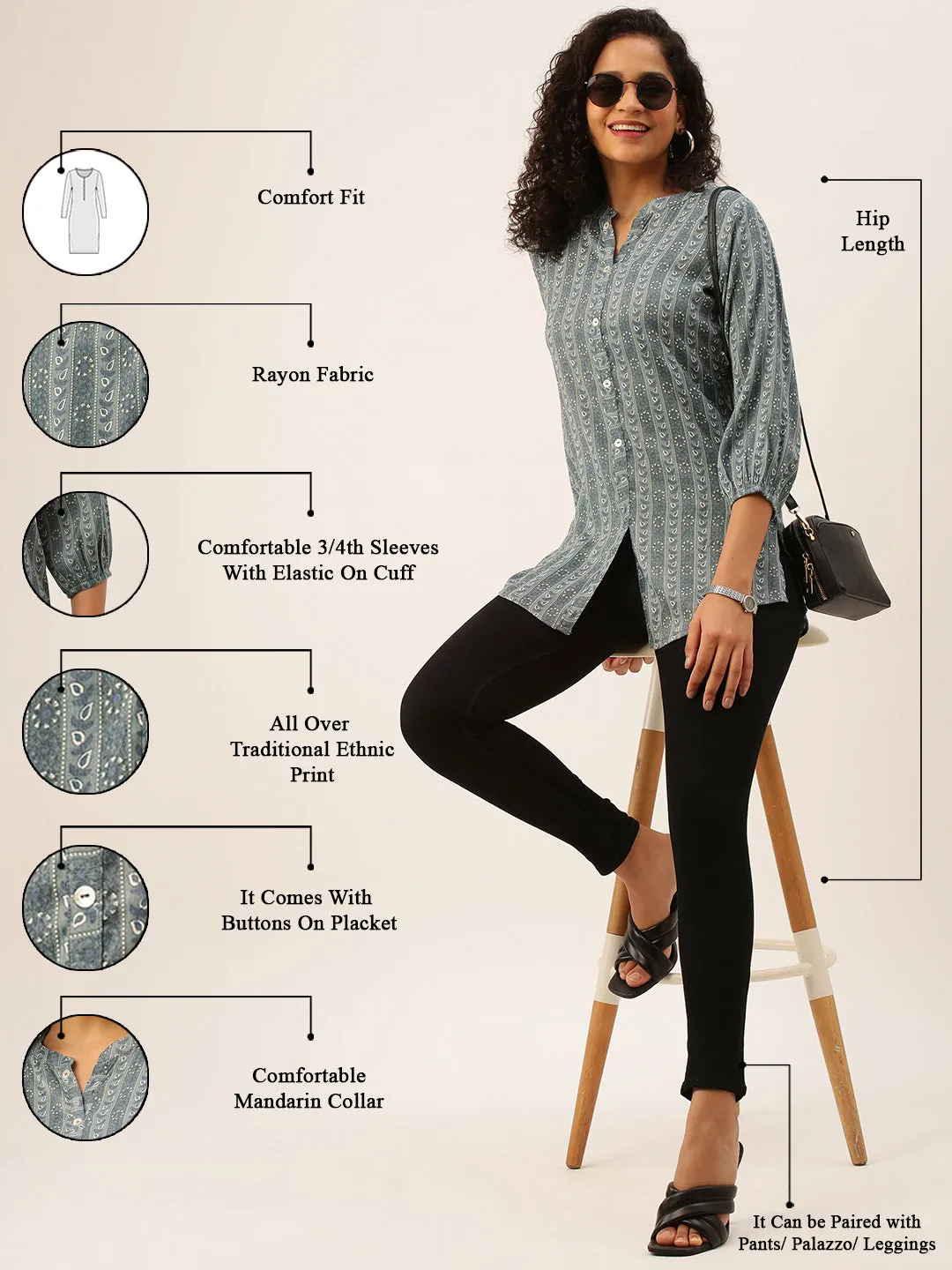 Mandarin Collar Rayon All over traditional ethnic Print Grey Tunic For Women - ZOLA