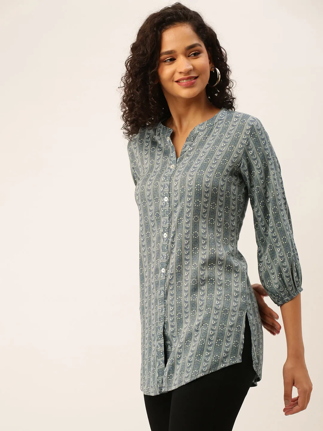 Mandarin Collar Rayon All over traditional ethnic Print Grey Tunic For Women - ZOLA