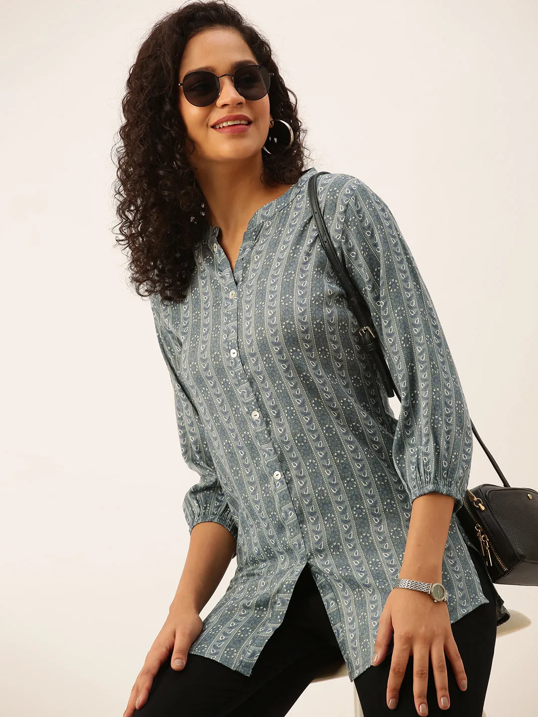 Mandarin Collar Rayon All over traditional ethnic Print Grey Tunic For Women - ZOLA