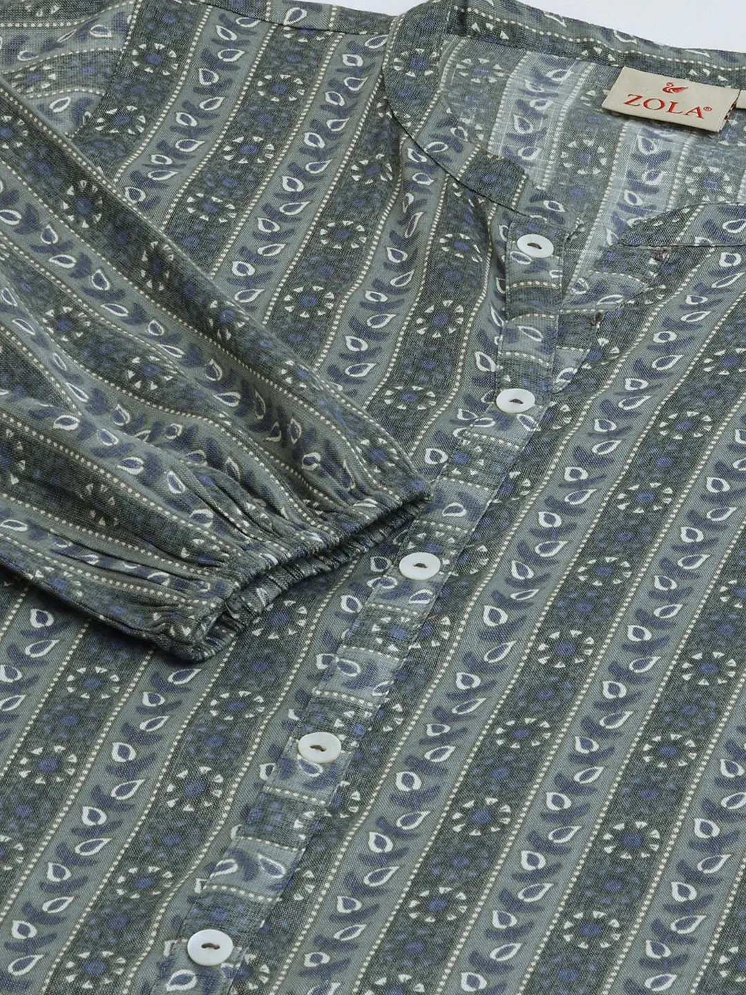 Mandarin Collar Rayon All over traditional ethnic Print Grey Tunic For Women - ZOLA