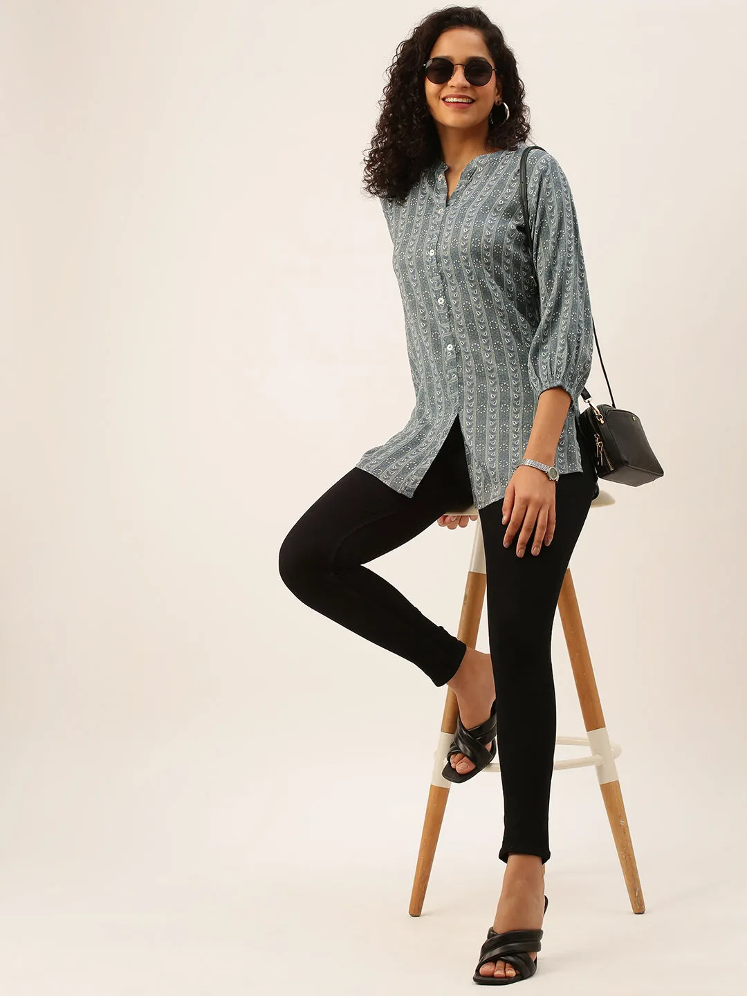 Mandarin Collar Rayon All over traditional ethnic Print Grey Tunic For Women - ZOLA