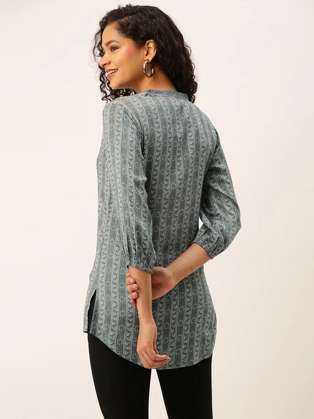 Mandarin Collar Rayon All over traditional ethnic Print Grey Tunic For Women - ZOLA