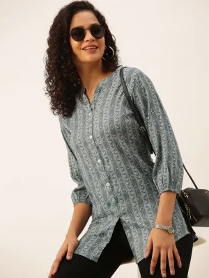 Mandarin Collar Rayon All over traditional ethnic Print Grey Tunic For Women - ZOLA