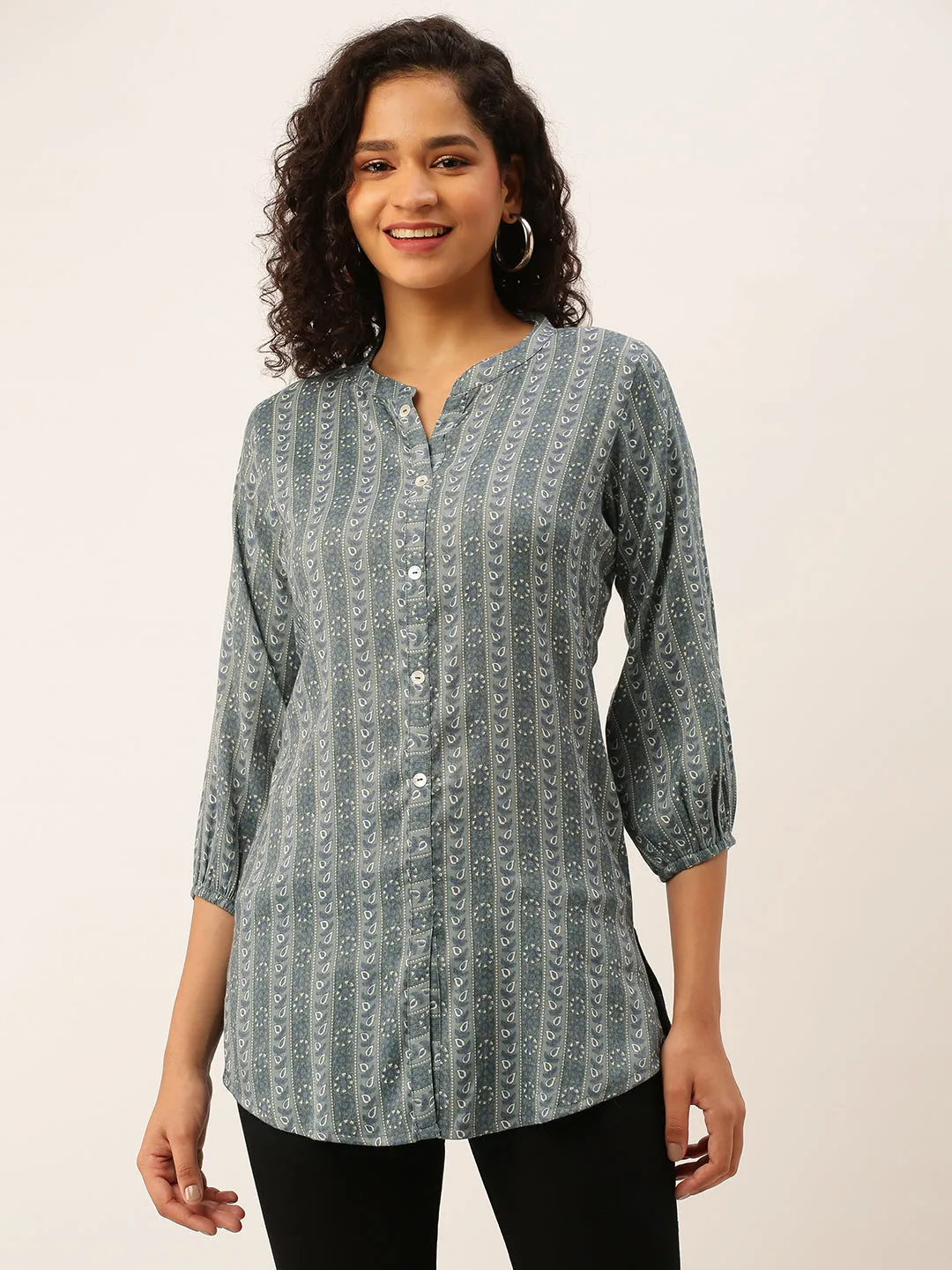Mandarin Collar Rayon All over traditional ethnic Print Grey Tunic For Women - ZOLA