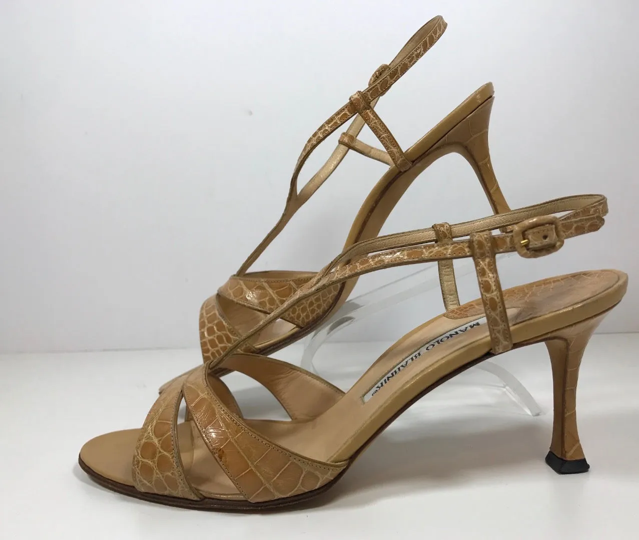 MANOLO BLAHNIK Tan Crocodile Open Toe Heels with Ankle Straps Size 39