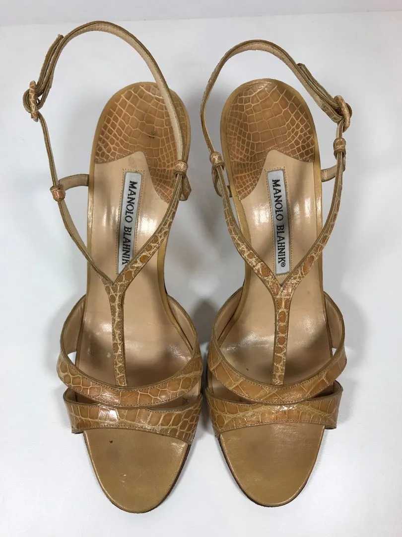 MANOLO BLAHNIK Tan Crocodile Open Toe Heels with Ankle Straps Size 39