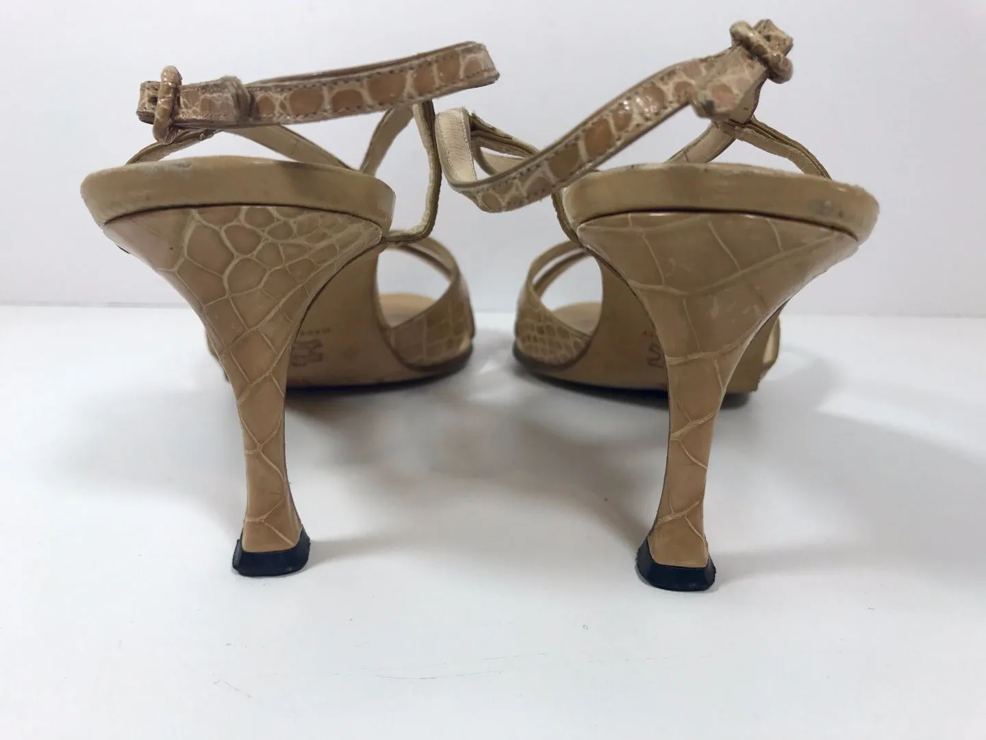 MANOLO BLAHNIK Tan Crocodile Open Toe Heels with Ankle Straps Size 39
