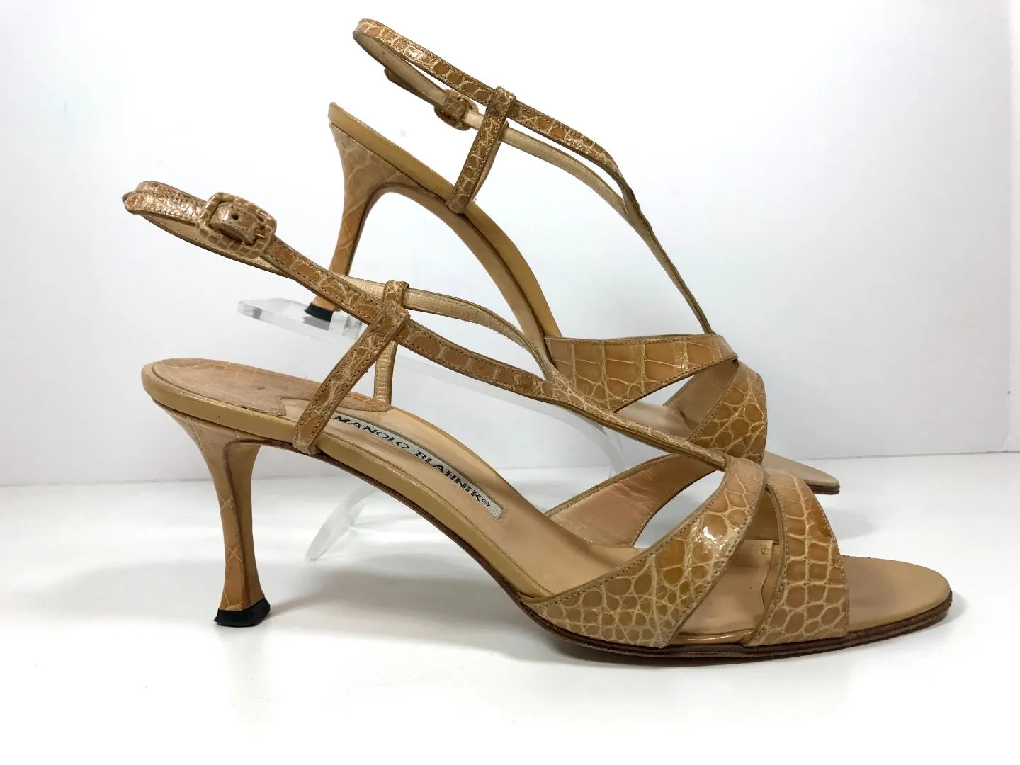 MANOLO BLAHNIK Tan Crocodile Open Toe Heels with Ankle Straps Size 39