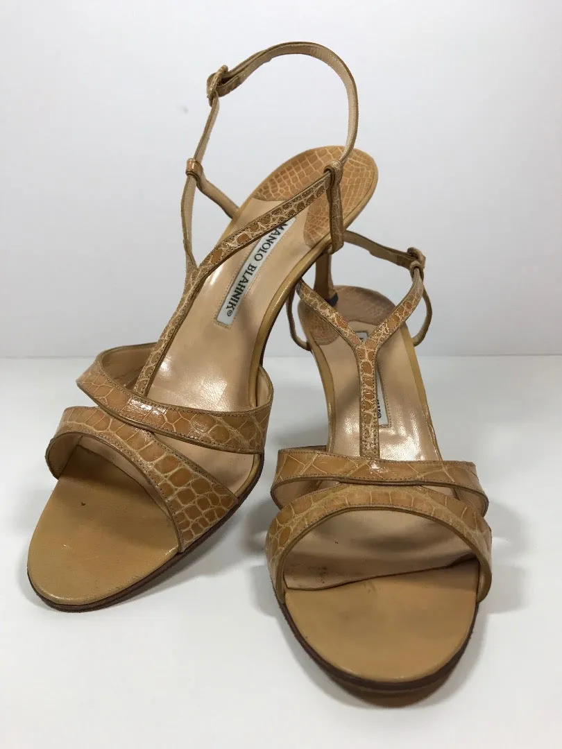 MANOLO BLAHNIK Tan Crocodile Open Toe Heels with Ankle Straps Size 39