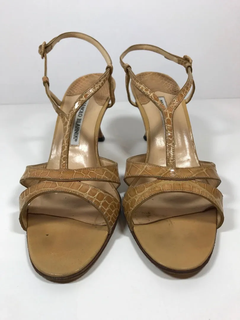 MANOLO BLAHNIK Tan Crocodile Open Toe Heels with Ankle Straps Size 39