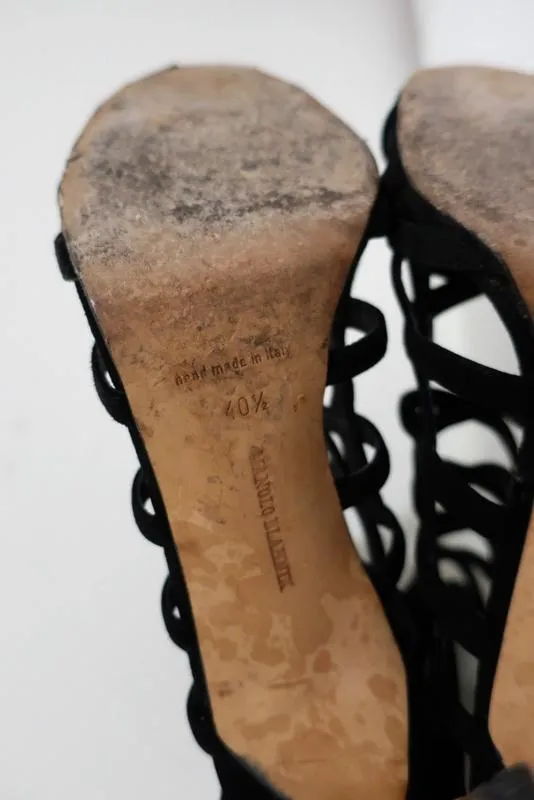 Manolo Blahnik Vagibuzip Cage Booties Black Cutout Suede Size 40.5 Open Toe Heel