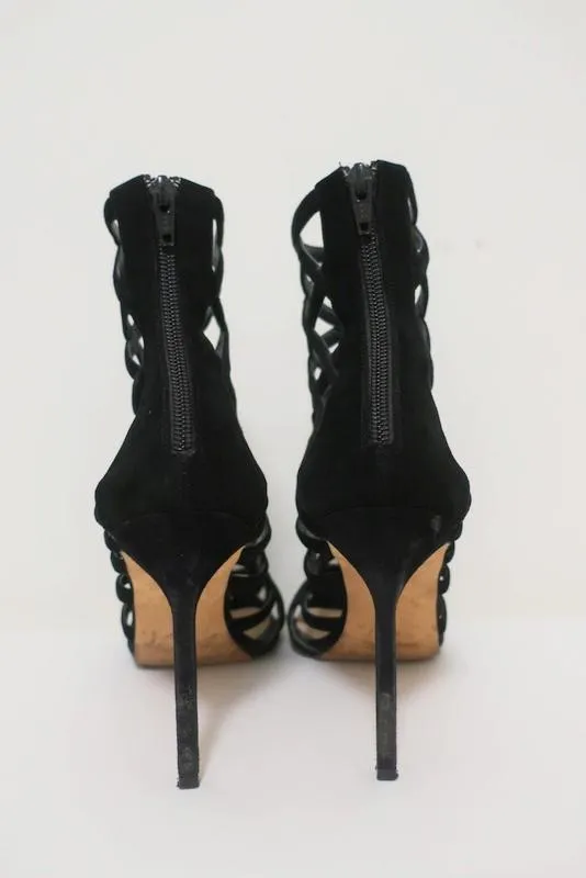 Manolo Blahnik Vagibuzip Cage Booties Black Cutout Suede Size 40.5 Open Toe Heel