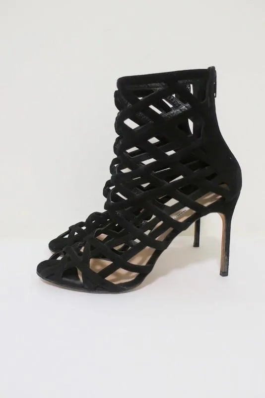 Manolo Blahnik Vagibuzip Cage Booties Black Cutout Suede Size 40.5 Open Toe Heel