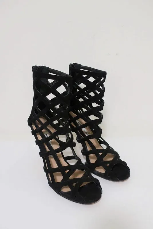 Manolo Blahnik Vagibuzip Cage Booties Black Cutout Suede Size 40.5 Open Toe Heel