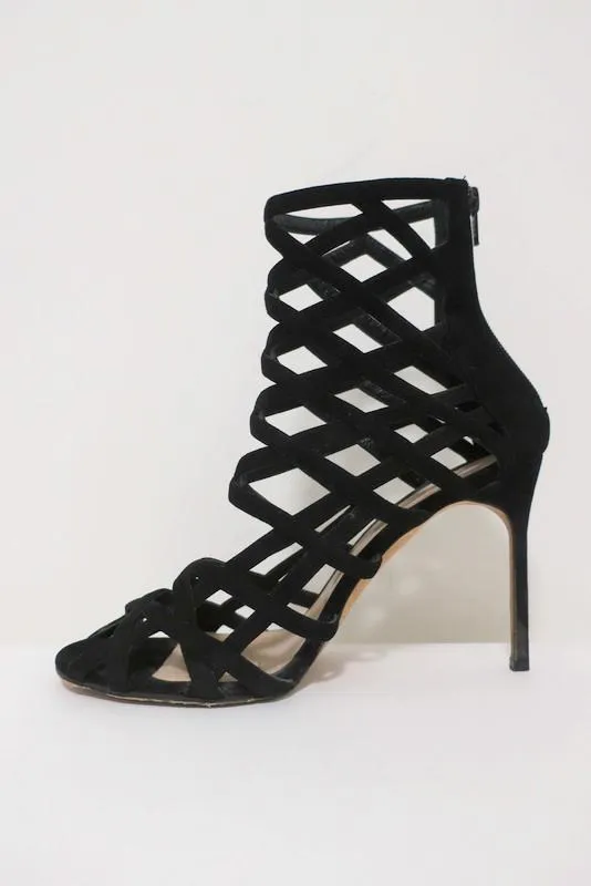 Manolo Blahnik Vagibuzip Cage Booties Black Cutout Suede Size 40.5 Open Toe Heel