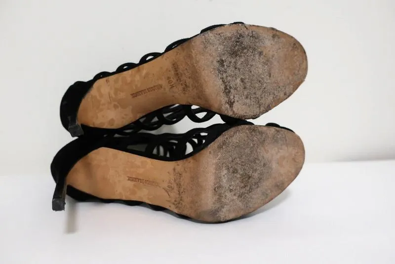 Manolo Blahnik Vagibuzip Cage Booties Black Cutout Suede Size 40.5 Open Toe Heel