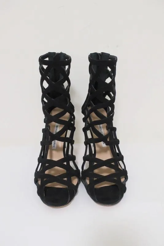 Manolo Blahnik Vagibuzip Cage Booties Black Cutout Suede Size 40.5 Open Toe Heel
