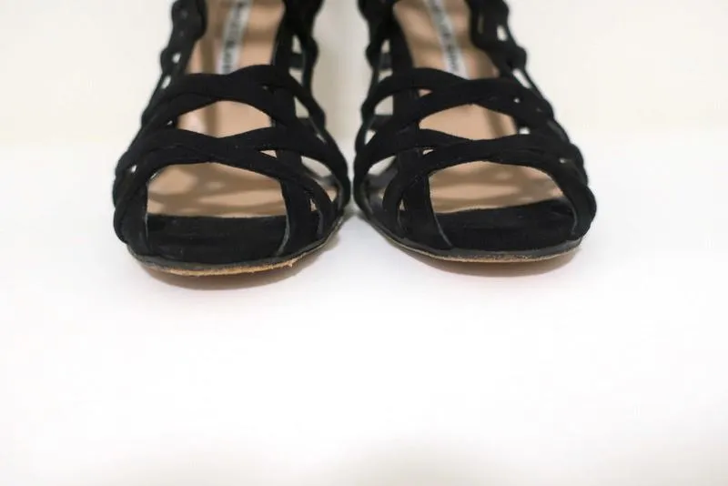 Manolo Blahnik Vagibuzip Cage Booties Black Cutout Suede Size 40.5 Open Toe Heel