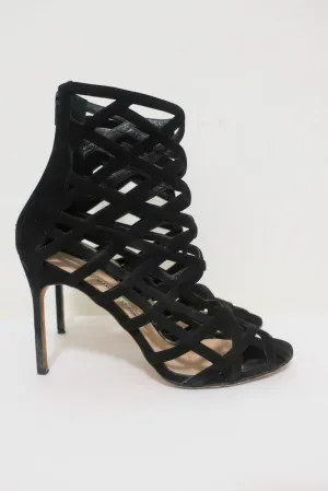 Manolo Blahnik Vagibuzip Cage Booties Black Cutout Suede Size 40.5 Open Toe Heel