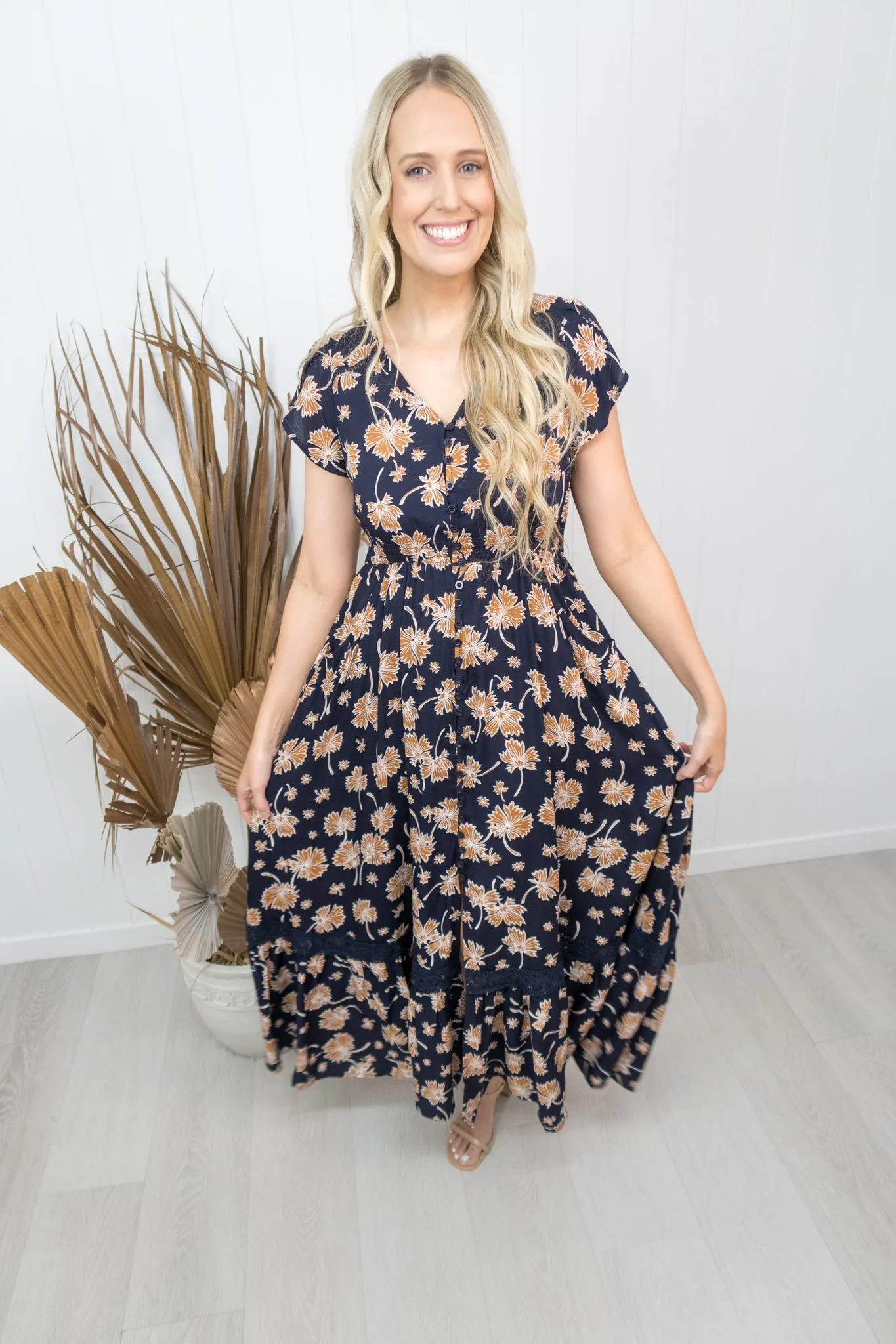 Marlo Dress -Navy/tan floral