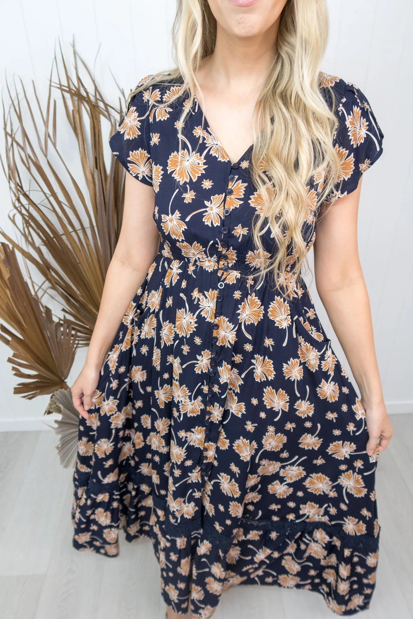 Marlo Dress -Navy/tan floral