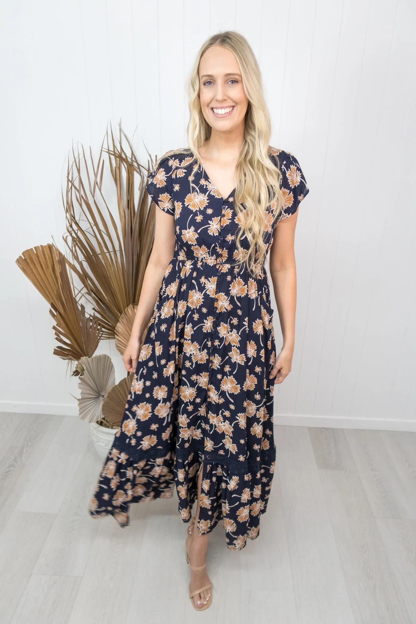 Marlo Dress -Navy/tan floral