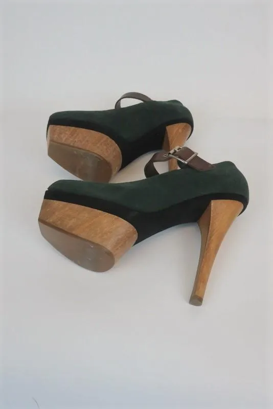 Marni Wood Platform Mary Jane Pumps Green Suede & Brown Leather Size 36