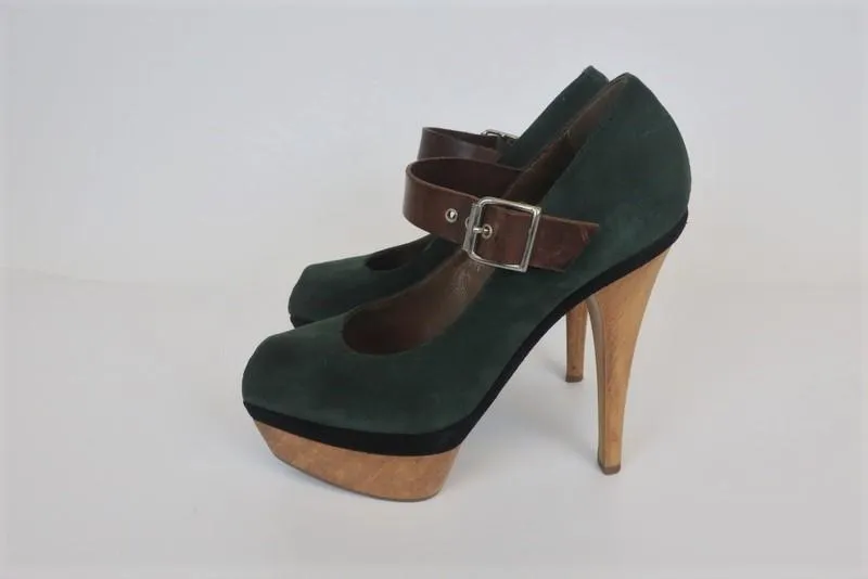 Marni Wood Platform Mary Jane Pumps Green Suede & Brown Leather Size 36