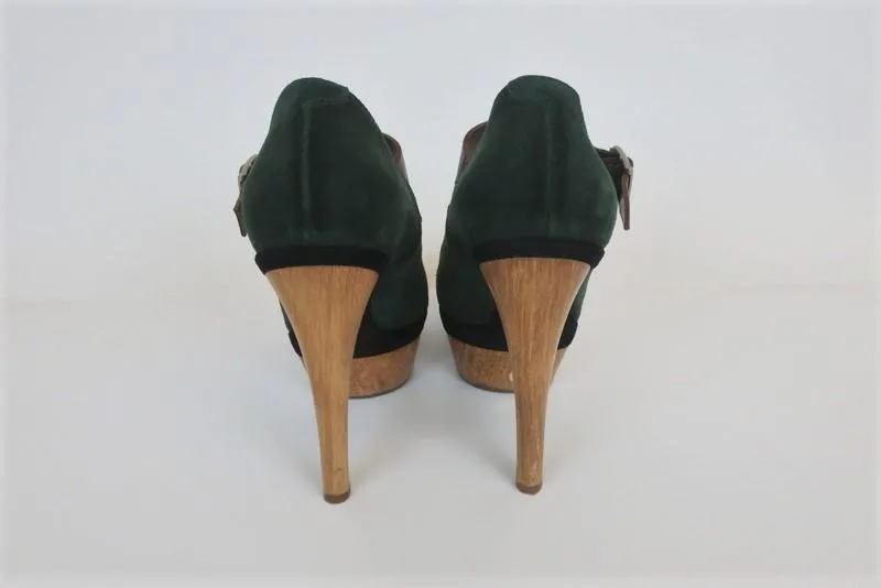 Marni Wood Platform Mary Jane Pumps Green Suede & Brown Leather Size 36