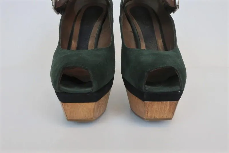 Marni Wood Platform Mary Jane Pumps Green Suede & Brown Leather Size 36
