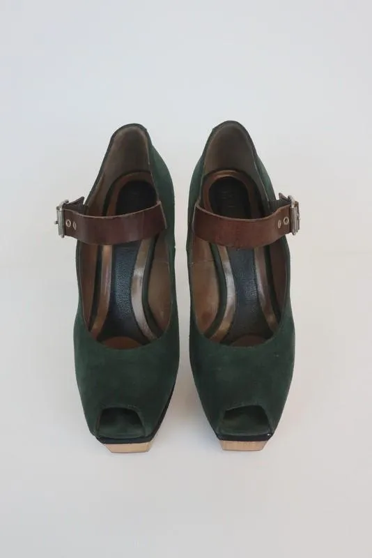 Marni Wood Platform Mary Jane Pumps Green Suede & Brown Leather Size 36