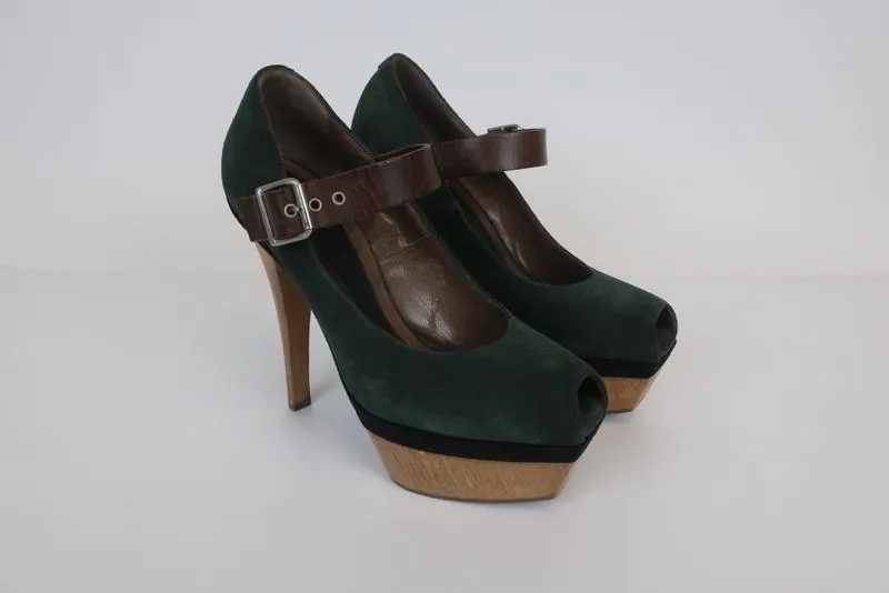 Marni Wood Platform Mary Jane Pumps Green Suede & Brown Leather Size 36
