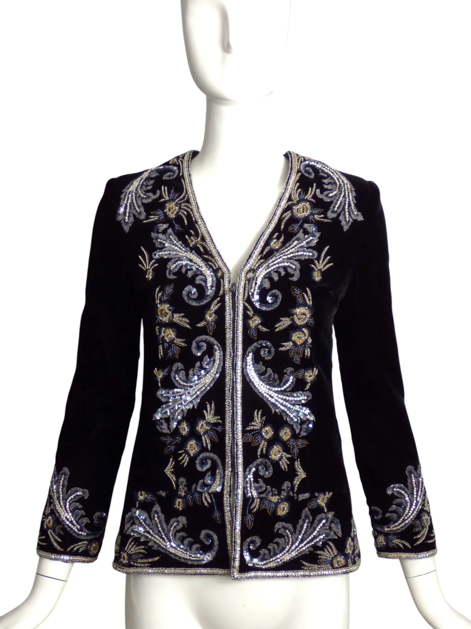 MARY MCFADDEN- 1990s Black Beaded Velvet Jacket, Size 4
