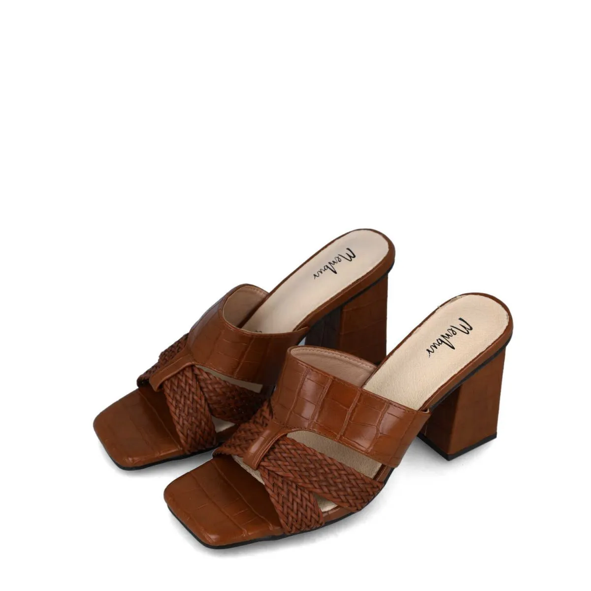 Menbur Brown Leather Weaved Heels