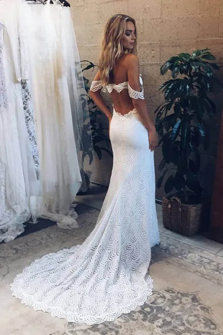 Mermaid Off-the-Shoulder Open Back White Lace Wedding Dress with Split OHD068