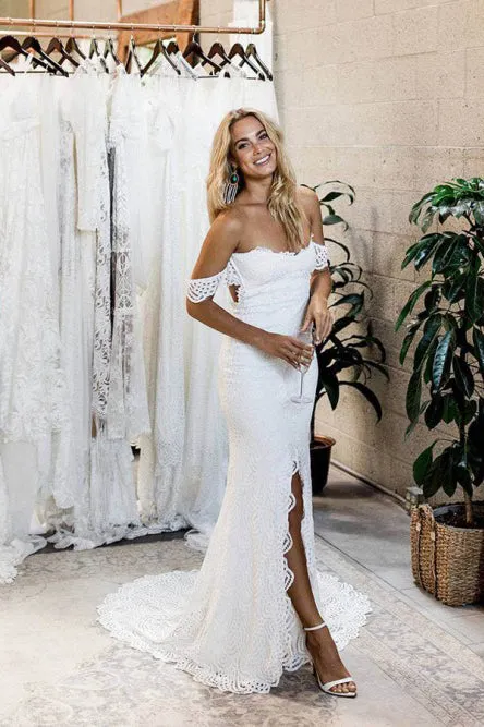 Mermaid Off-the-Shoulder Open Back White Lace Wedding Dress with Split OHD068
