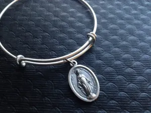 Miraculous Medal Mary Virgin Mary Silver Expandable Bangle Double Sided Adjustable Bracelet Silver Wire Bangle