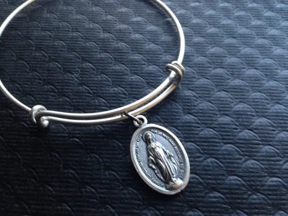 Miraculous Medal Mary Virgin Mary Silver Expandable Bangle Double Sided Adjustable Bracelet Silver Wire Bangle