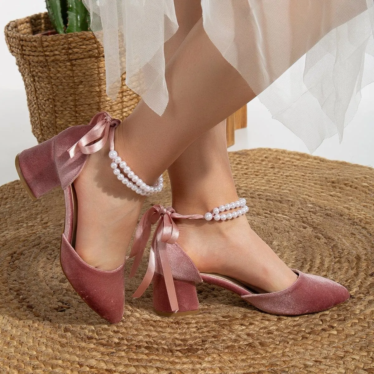 Miranda Vegan Velvet Pearl Low Heels | Rose