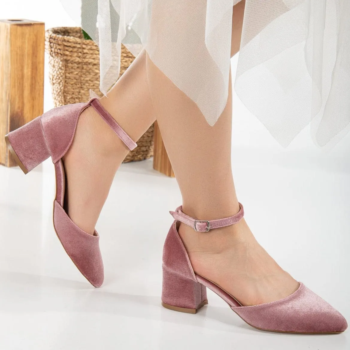 Miranda Vegan Velvet Pearl Low Heels | Rose
