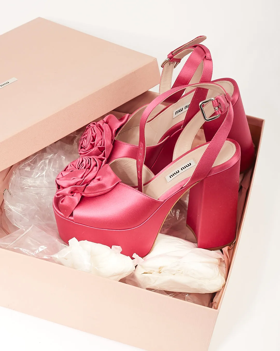 Miu Miu Fuchsia Satin Bow Platform Strappy Heels - 38